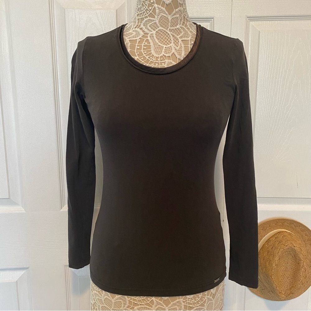 ESPRIT collection Long sleeve brown top crew neck satin trim size Small
